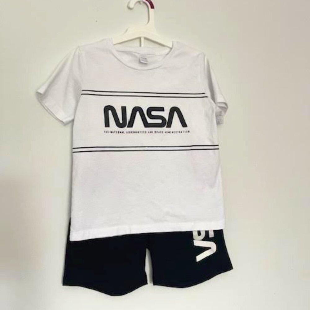 NASA Boys Summer Outfit – T-Shirt & Shorts – Size 7 (EU 122, CN 120) Black/White